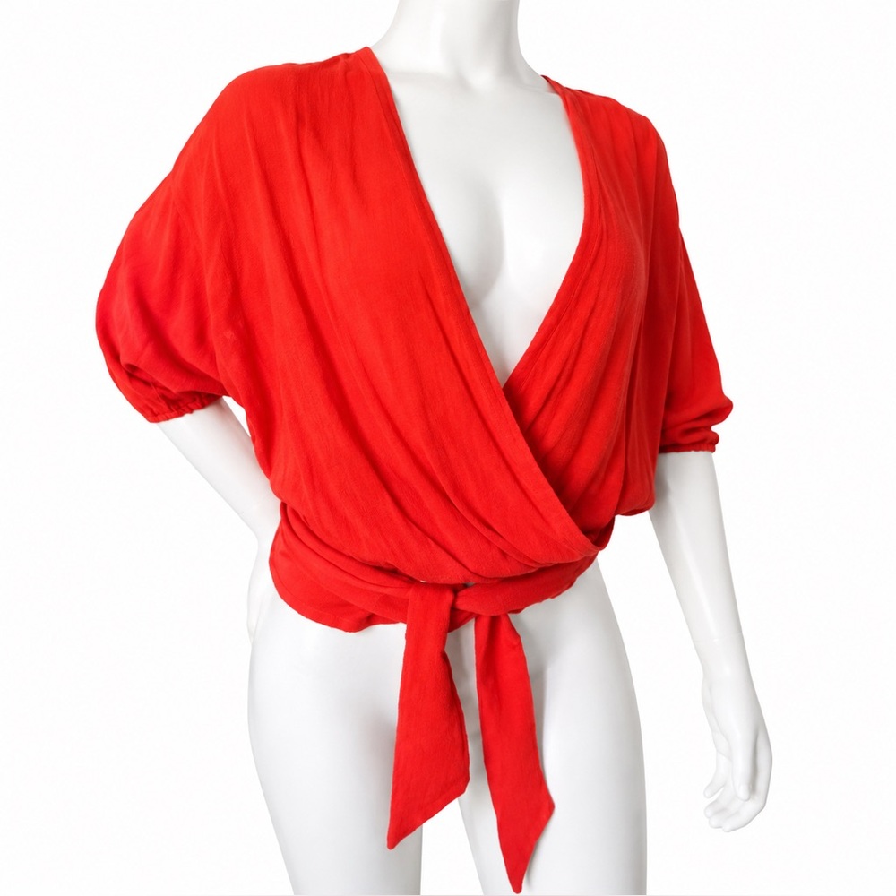 Vintage My Story Orange Wrap Tie Front Deep V Neck Blouse Top Medium
